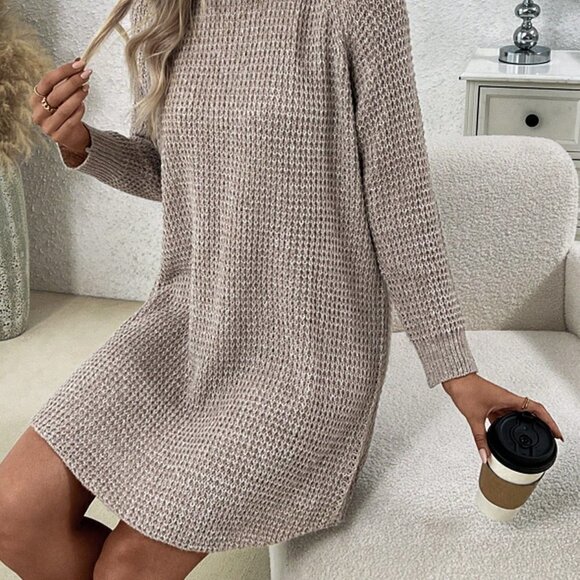 Khaki Casual Women's Solid Color Turtle Neck Raglan Sleeve Sweater Dress - Picture 5 of 5